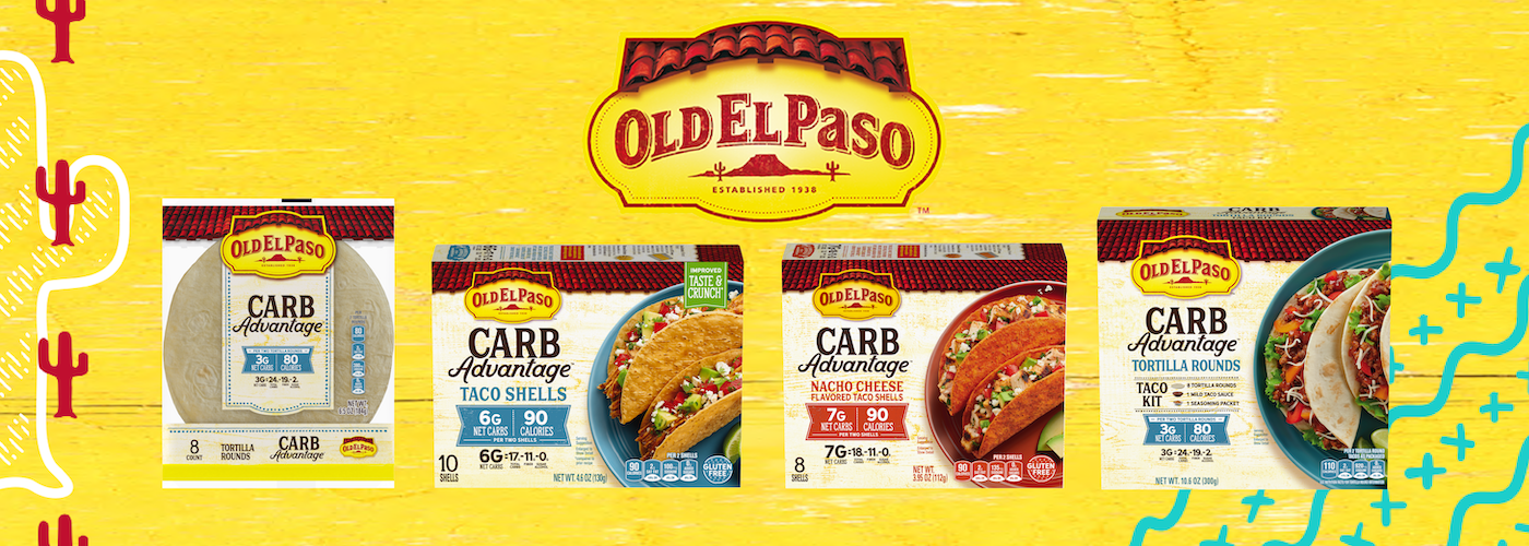 Packshots of Old El Paso Carb Advantage taco shells, tortillas, and nacho cheese shells are displayed on a yellow background with the Old El Paso logo above them